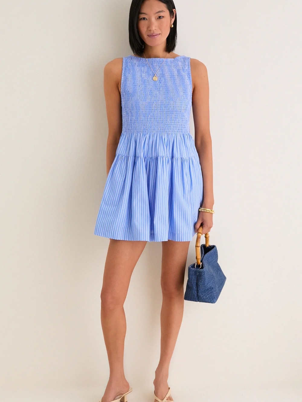 Hill House Light Blue Striped Smocked Mini Dress